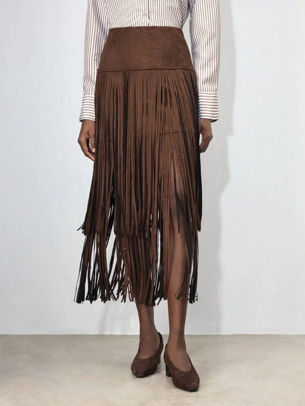 Brown Casual Women's Mid-Waist Fringe Tassel A-Line Skirt